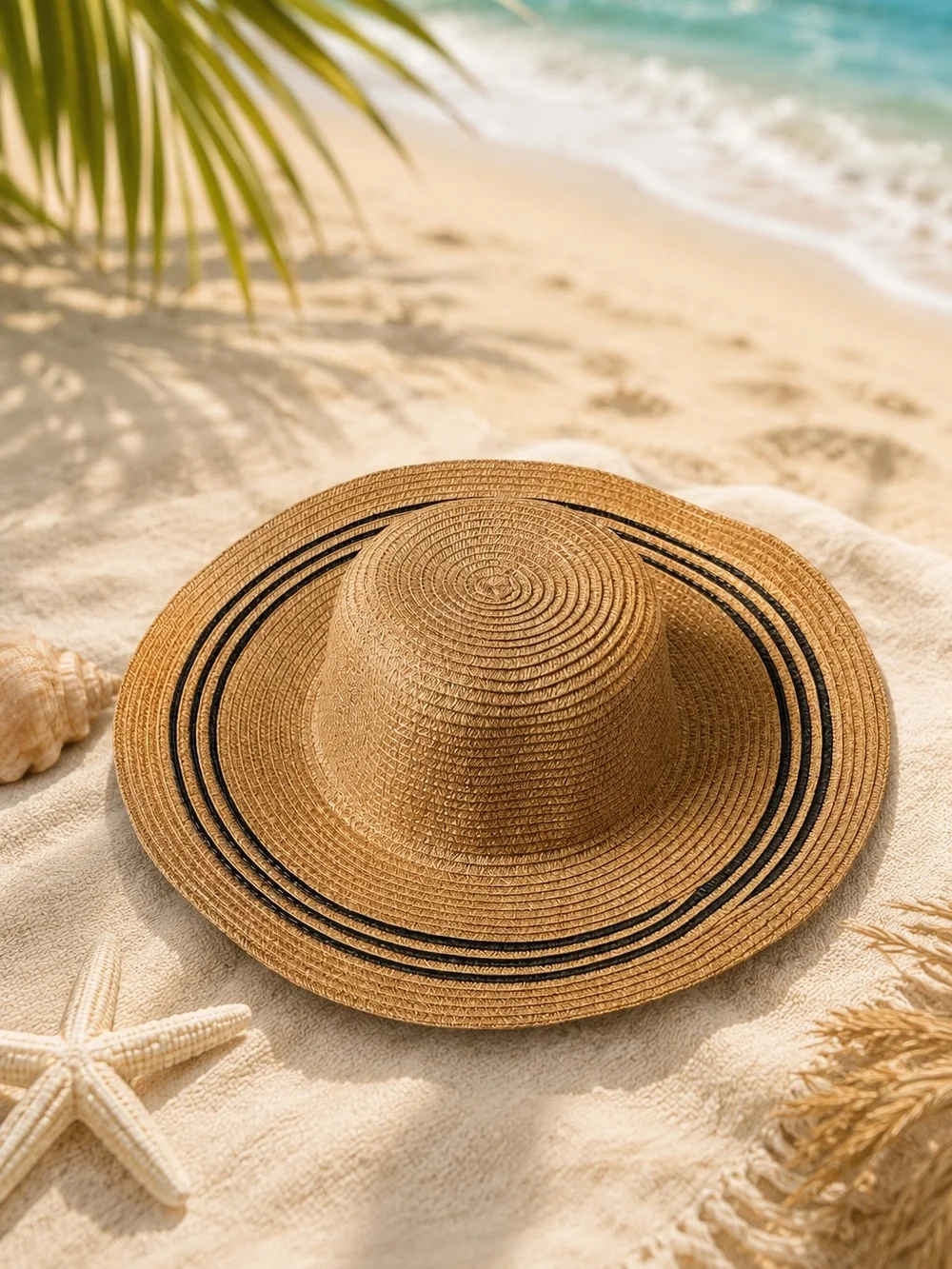 2- Piece Straw Beach Tote  & Hat with Black Stripe and Leather Handles